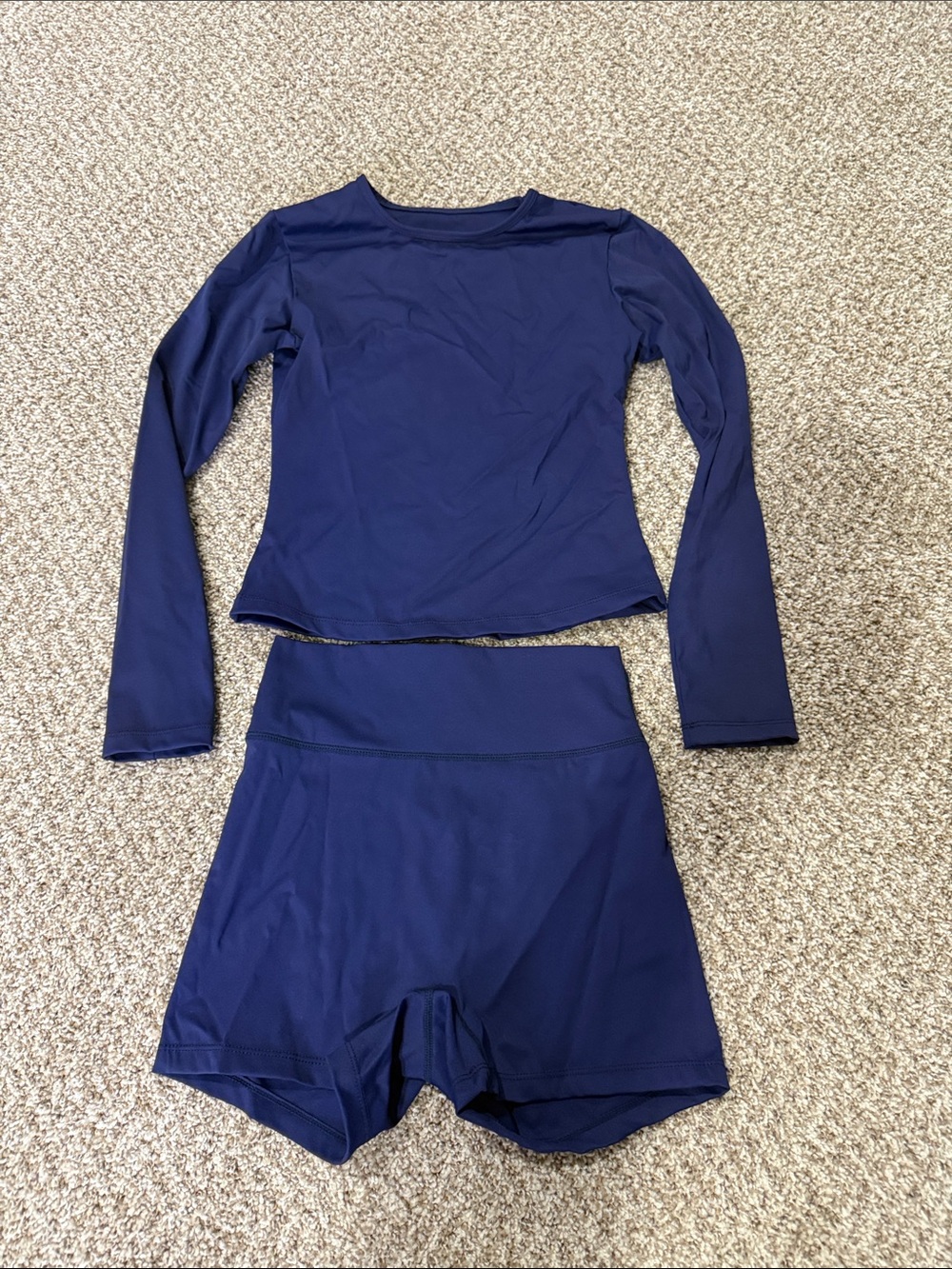 Navy Long Sleeve Crop Top & High-Waist Bike Shorts Two-Piece Set